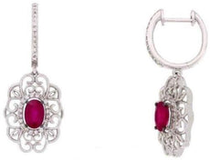 1.77CT DIAMOND & AAA RUBY 14KT WHITE GOLD FLOWER OPEN FILIGREE HANGING EARRINGS