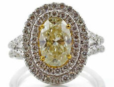 2.94CT WHITE & FANCY YELLOW DIAMOND 18KT 2 TONE GOLD DOUBLE HALO ENGAGEMENT RING