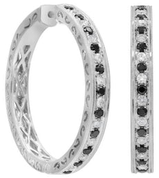 1.35CT WHITE & BLACK DIAMOND 18KT WHITE GOLD 3D FILIGREE HOOP HANGING EARRINGS