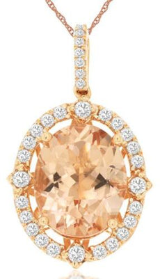 4.38CT DIAMOND & AAA MORGANITE 14KT ROSE GOLD OVAL & ROUND HALO FLOATING PENDANT