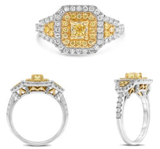 1.3CT WHITE & FANCY YELLOW DIAMOND 18KT 2 TONE GOLD CUSHION & ROUND OCTAGON RING