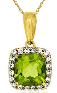 1.21CT DIAMOND & AAA PERIDOT 14K YELLOW GOLD 3D CUSHION & ROUND FLOATING PENDANT