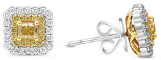 1.07CT WHITE & FANCY YELLOW DIAMOND 18KT 2 TONE GOLD 3D CUSHION & ROUND EARRINGS