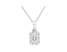 ESTATE .11CT DIAMOND 14KT WHITE GOLD 3D ROUND & BAGUETTE CLUSTER SQUARE PENDANT