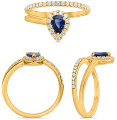 .80CT DIAMOND & AAA SAPPHIRE 14K YELLOW GOLD PEAR SHAPE & ROUND DOUBLE BAND RING