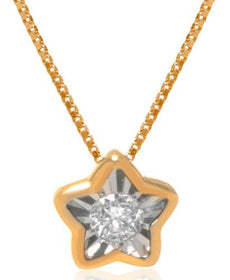 ESTATE .09CT DIAMOND 18KT 2 TONE GOLD 3D SOLITAIRE ROUND STAR FLOATING PENDANT