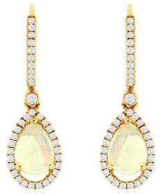 1.82CT DIAMOND & AAA OPAL 14K YELLOW GOLD 3D PEAR SHAPE & ROUND HANGING EARRINGS