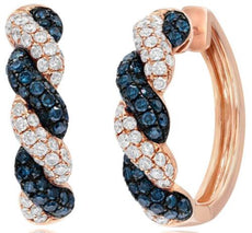 1.23CT WHITE & BLUE DIAMOND 14KT ROSE GOLD CLASSIC ROPE HUGGIE HANGING EARRINGS