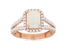 1.66CT DIAMOND & AAA OPAL 14K ROSE GOLD EMERALD CUT & ROUND HALO ENGAGEMENT RING