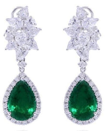 10.86CT DIAMOND & AAA EMERALD 18KT WHITE GOLD CLUSTER TEAR DROP HANGING EARRINGS