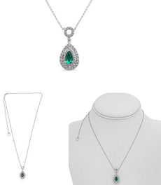 1.09CT DIAMOND & AAA EMERALD 18K WHITE GOLD 3D PEAR SHAPE & ROUND LOVE NECKLACE
