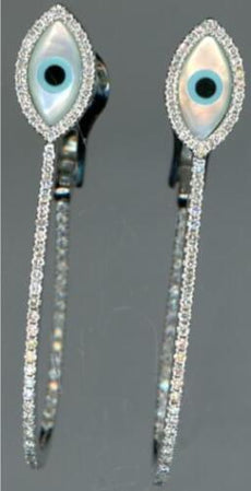 LARGE .75CT DIAMOND & AAA MOTHER OF PEARL 14KT WHITE GOLD EVIL EYE OVAL EARRINGS