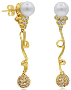 1.0CT DIAMOND & AAA SOUTH SEA PEARL 14K YELLOW GOLD FLORAL DOUBLE SWIRL EARRINGS