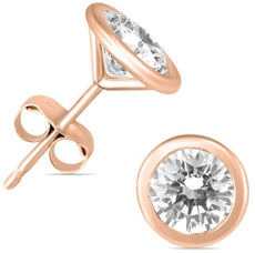 1.5CT DIAMOND 14KT ROSE GOLD CLASSIC SOLITAIRE ROUND BEZEL MARTINI STUD EARRINGS