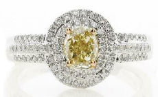1.09CT WHITE & FANCY YELLOW DIAMOND 18K 2 TONE GOLD OVAL & ROUND ENGAGEMENT RING