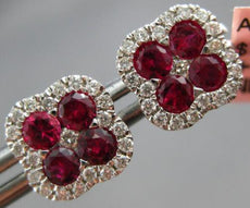 ESTATE 1.09CT DIAMOND & AAA RUBY 14KT WHITE GOLD 3D FLOWER SQUARE STUD EARRINGS