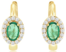 1.13CT DIAMOND & AAA EMERALD 14KT YELLOW GOLD OVAL & ROUND HUGGIE HOOP EARRINGS