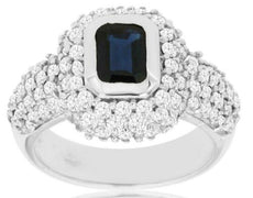 2.90CT DIAMOND & AAA SAPPHIRE 14K WHITE GOLD EMERALD CUT & ROUND ENGAGEMENT RING