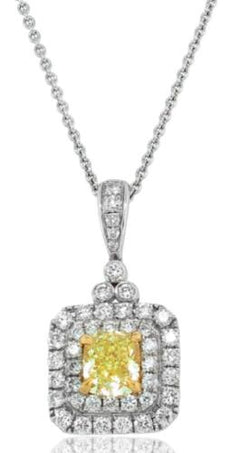 1.66CT WHITE & FANCY YELLOW DIAMOND 18K 2 TONE GOLD CUSHION & ROUND HALO PENDANT