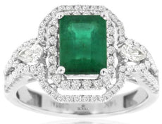 2.32CT DIAMOND & AAA EMERALD 14K WHITE GOLD BAGUETTE DOUBLE HALO ENGAGEMENT RING