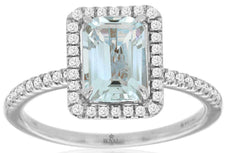 1.60CT DIAMOND & AAA AQUAMARINE 14KT WHITE GOLD EMERALD CUT HALO ENGAGEMENT RING