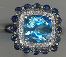 3.50CT DIAMOND & AAA SAPPHIRE & BLUE TOPAZ 14KT WHITE GOLD DOUBLE HALO FUN RING