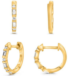 .18CT DIAMOND 14KT YELLOW GOLD ROUND & BAGUETTE CHANNEL HUGGIE HANGING EARRINGS