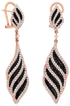 LARGE 4.46CT WHITE & BLACK DIAMOND 18K ROSE GOLD 3D DOUBLE LEAF HANGING EARRINGS