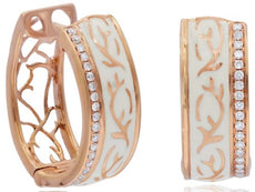 WIDE .32CT DIAMOND & WHITE ENAMEL 18KT ROSE GOLD OPEN FILIGREE HANGING EARRINGS