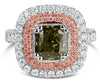 LARGE 3CT WHITE PINK & CHOCOLATE FANCY DIAMOND 18KT WHITE ROSE GOLD CUSHION RING