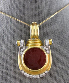 ANTIQUE LARGE DIAMOND & AAA SAPPHIRE 18K 2 TONE GOLD 3D CORNELIAN PENDANT 28157