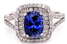 2.63CT DIAMOND & AAA SAPPHIRE 18KT WHITE GOLD CUSHION & ROUND ENGAGEMENT RING