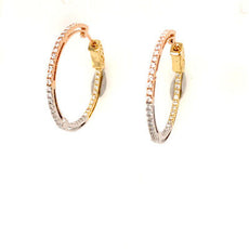ESTATE .97CT DIAMOND 18K TRI COLOR GOLD CLASSIC INSIDE OUT HOOP HANGING EARRINGS