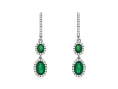 ESTATE 1.50CT DIAMOND & AAA EMERALD 14K WHITE GOLD OVAL & ROUND HANGING EARRINGS