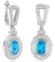 2.86CT DIAMOND & AAA BLUE TOPAZ 14KT WHITE GOLD 3D OVAL & ROUND HANGING EARRINGS
