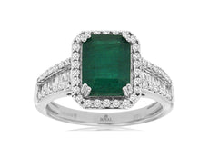2.65CT DIAMOND & AAA EMERALD 14KT WHITE GOLD 3D ROUND & BAGUETTE ENGAGEMENT RING