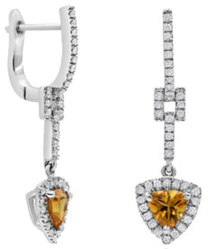 1.08CT DIAMOND & AAA CITRINE 14KT WHITE GOLD TRILLION & ROUND HALO FUN EARRINGS