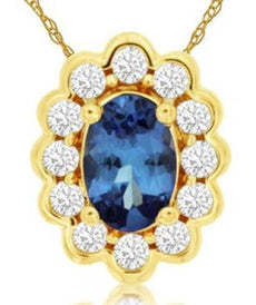 .66CT DIAMOND & AAA TANZANITE 14KT YELLOW GOLD 3D OVAL SEMI BEZEL FLOWER PENDANT