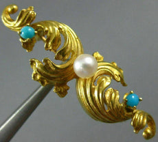ANTIQUE AAA PEARL & TURQUOISE 14KT YELLOW GOLD HANDCRAFTED FILIGREE BROOCH 22544