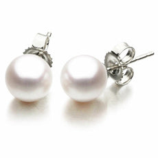 ESTATE AAA 9MM PEARL 14K WHITE GOLD 3D CLASSIC ROUND SOLITAIRE STUD EARRINGS