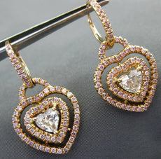 LARGE 2.13CT WHITE & PINK DIAMOND 18K ROSE GOLD HEART SOLITAIRE HANGING EARRINGS