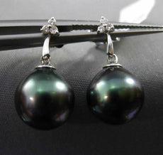 ESTATE .06CT DIAMOND 14KT WHITE GOLD AAA TAHITIAN PEARL 3 STONE HANGING EARRINGS
