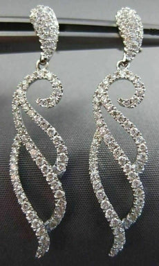 ESTATE LARGE 1.19CT ROUND DIAMOND 18KT WHITE GOLD 3D WAVE LEAF HANGING EARRINGS