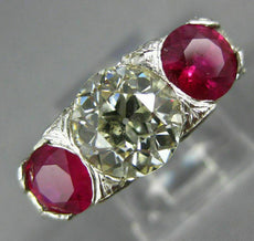 ANTIQUE LARGE 4.33CT DIAMOND & AAA RUBY PLATINUM 3D THREE STONE ENGAGEMENT RING