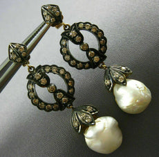 ANTIQUE .76CT DIAMOND & SOUTH SEA PEARL 14K YELLOW & BLACK GOLD HANGING EARRINGS