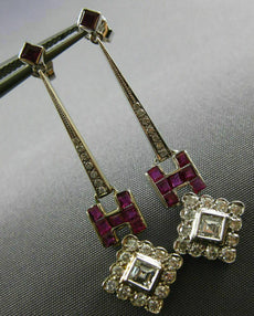 ANTIQUE 1.64CT DIAMOND & AAA RUBY 14KT WHITE GOLD 3D SQUARE HANGING EARRINGS