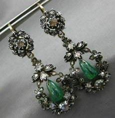 ANTIQUE LARGE 4.0CT DIAMOND & AAA EMERALD 14KT YELLOW GOLD & SILVER 3D EARRINGS