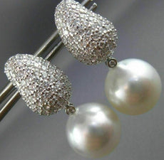LARGE 2.50CT DIAMOND & AAA SOUTH SEA PEARLS 18K WHITE GOLD PAVE HANGING EARRINGS