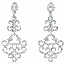 ESTATE LARGE 3.75CT DIAMOND 18KT WHITE GOLD OPEN FILIGREE FLUER DE LIS EARRINGS