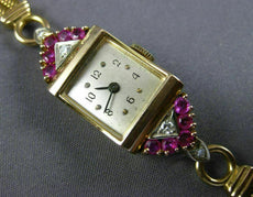 ANTIQUE .90CT DIAMOND & AAA RUBY 14KT WHITE & YELLOW GOLD 3D SQUARE WATCH #1448